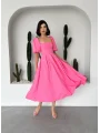 Kare Yaka Balon Kol Çan Etekli Pembe Elbise