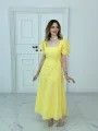 Kare Yaka Balon Kollu Fisto Sarı Elbise