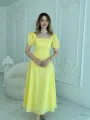 Kare Yaka Balon Kollu Fisto Sarı Elbise
