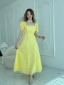 Kare Yaka Balon Kollu Fisto Sarı Elbise