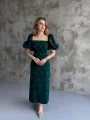 Kare Yaka Maxi Boy Taş Detaylı PERA Zümrüt Elbise