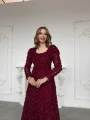 Kare Yaka Tam Boy Gül Dokulu Özel Tasarım Bordo Elbise