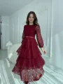 Kat Kat Volanlı Dantel Kumaş Bordo Elbise