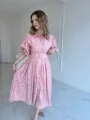 Kemerli Balon Kol Jakarlı Pembe Elbise