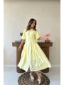 Kemerli Balon Kol Jakarlı Sarı Elbise