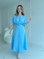 Kemer Detaylı Yırtmaçlı Pliseli Maxi Boy Mavi Elbise