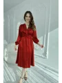 Kuşaklı, Dökümlü ve Şık Tensel Saten Kırmızı Elbise