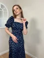 Lacivert Çiçek Desenli Krep Kumaş Elbise