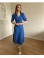 Mavi Bel ve Kol Ucu Gipeli Elbise