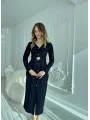 Modern Tasarım Altın Düğme Detaylı Kemerli Lacivert Elbise