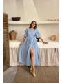 Müslin Kumaş Kuşaklı Uzun Mavi Elbise