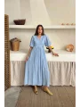 Müslin Kumaş Kuşaklı Uzun Mavi Elbise