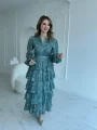 Nakış İşlemeli Kat Kat Volanlı Mint Elbise
