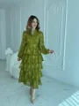 Nakış İşlemeli Kat Kat Volanlı Yağ Yeşili Elbise