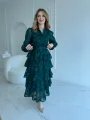 Nakış İşlemeli Kat Kat Volanlı Zümrüt Elbise