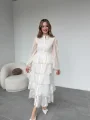 Nakışlı Karolin Kumaş Volanlı Kat Kat Ekru Kuşaklı Elbise