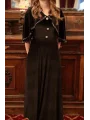 Pelerin Detaylı Taş Düğmeli Siyah Kadife Elbise