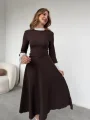 Pliseli Kol Detaylı Kemerli Dokuma Kahve Elbise