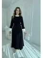 Pliseli Kol Detaylı Kemerli Dokuma Siyah Elbise