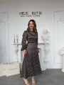 Retro Stil Kahve Saten Puantiyeli Midi Elbise