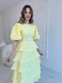 Sarı Kat Kat Balon Kollu Kemerli Elbise