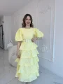 Sarı Kat Kat Balon Kollu Kemerli Elbise