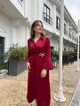 Saten Tam Boy Bel Detaylı Bordo Elbise