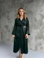 Saten Tam Boy Bel Detaylı Zümrüt Elbise