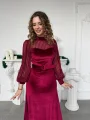 Şerit Tül Detaylı Kemerli Kadife Bordo Elbise