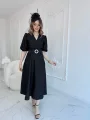 Siyah Işıltılı Kemerli Kruvaze Elbise