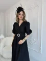 Siyah Işıltılı Kemerli Kruvaze Elbise