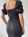 Siyah İpli ve Puantiyeli Balon Kol Elbise