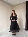 Parla Siyah Pul Parıltılı Midi Boy Elbise