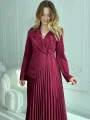 Takım Görünümlü Pileli Bordo Maxi Elbise