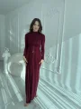 Tokalı Bel Detaylı Uzun Bordo Elbise