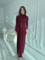 Tokalı Bel Detaylı Uzun Bordo Elbise