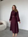 Tokalı Kemer Detaylı Süet Mürdüm Elbise