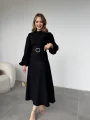 Tokalı Kemer Detaylı Süet Siyah Elbise