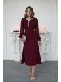 V Yaka Taş Detaylı Şifon Kollu Atlas Bordo Elbise