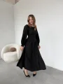 Yanları Büzgülü Etek ve Arkadan Kuşaklı Uzun Siyah Elbise