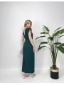 Zümrüt Maxi boy yaka taş detaylı uzun elbise