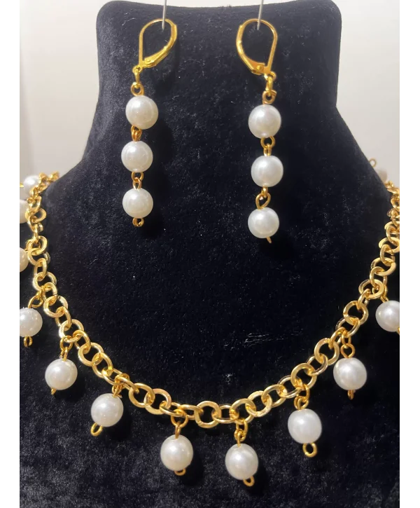 Gold Zincirli İnci Kolye ve Küpe