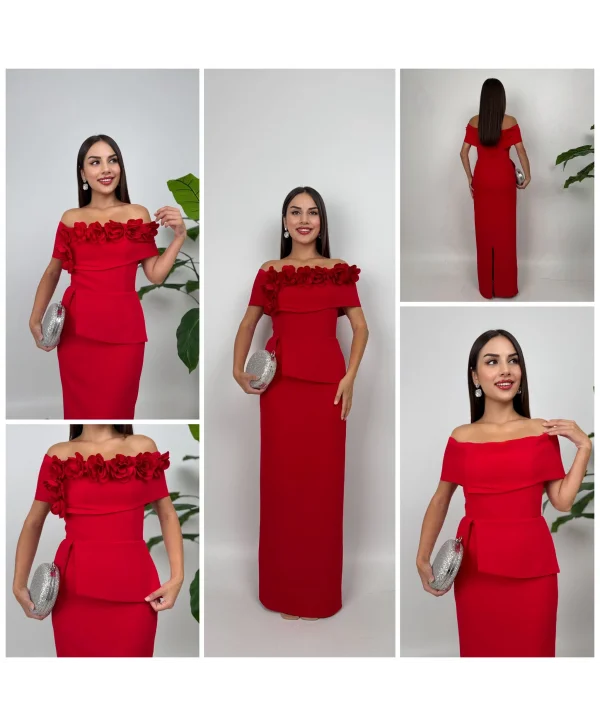 3D Çiçek Detaylı Madonna Yaka Tam Boy Kırmızı Abiye Elbise
