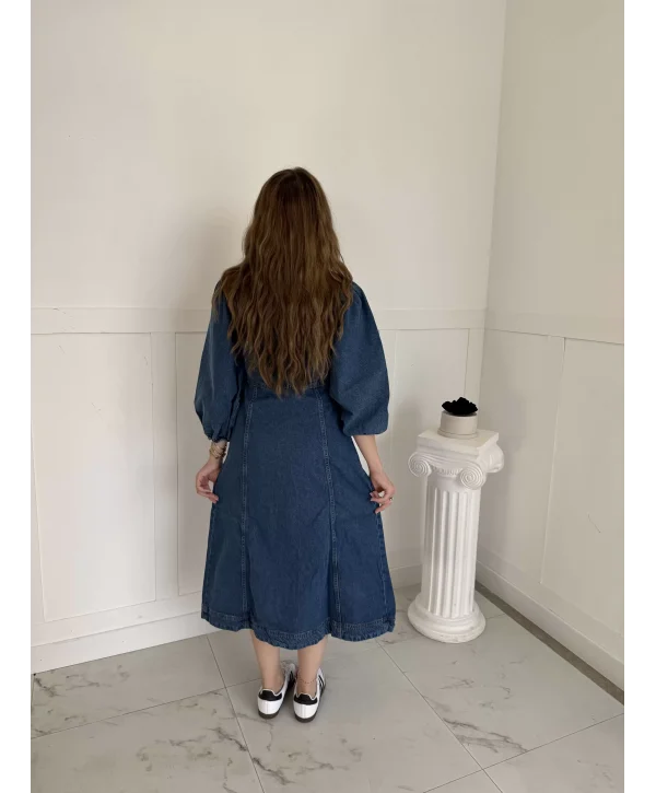 Midi Boy Düğmeli Kot Elbise