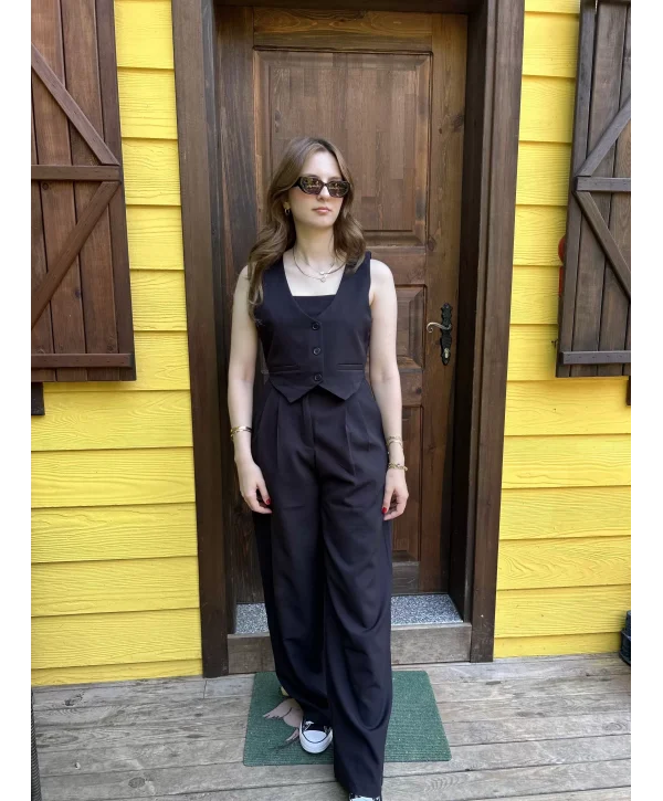 Yelekli Palazzo Pantolunlu Siyah İkili Takım