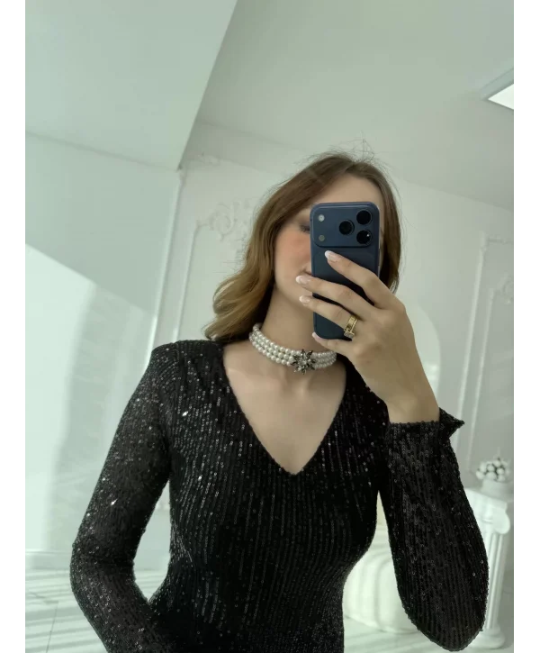 Füme Çiçek Taş Detaylı İnci Choker