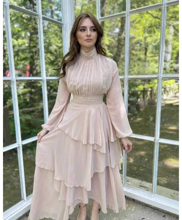 Kat Kat Şifon Bej Rengi Elbise