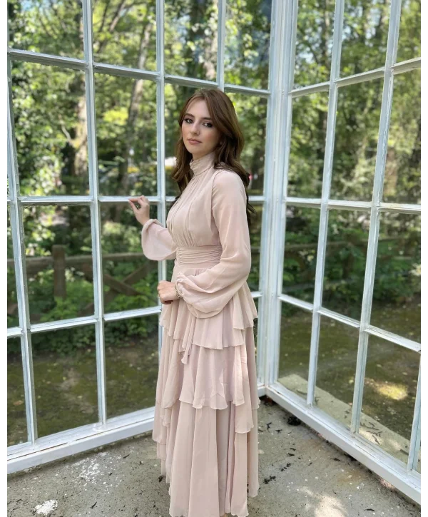 Kat Kat Şifon Bej Rengi Elbise