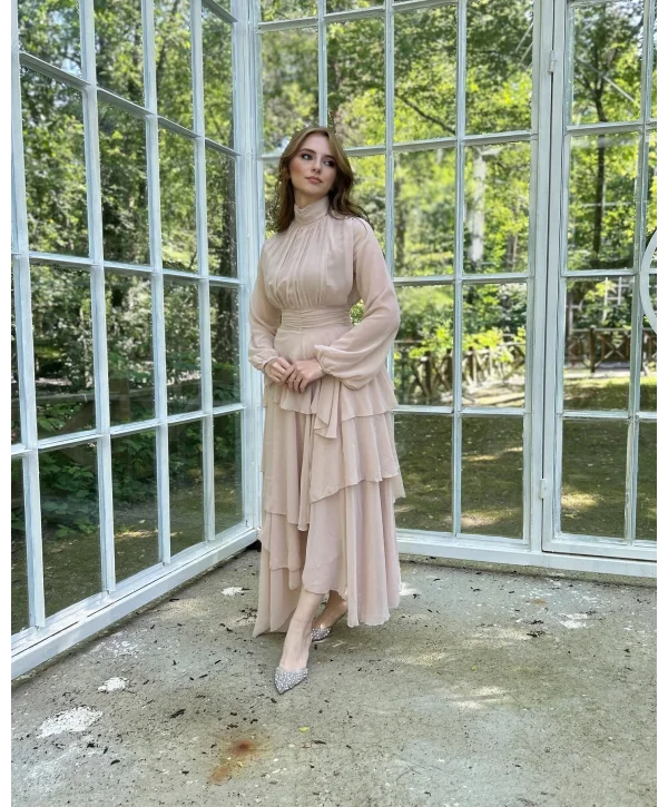 Kat Kat Şifon Bej Rengi Elbise