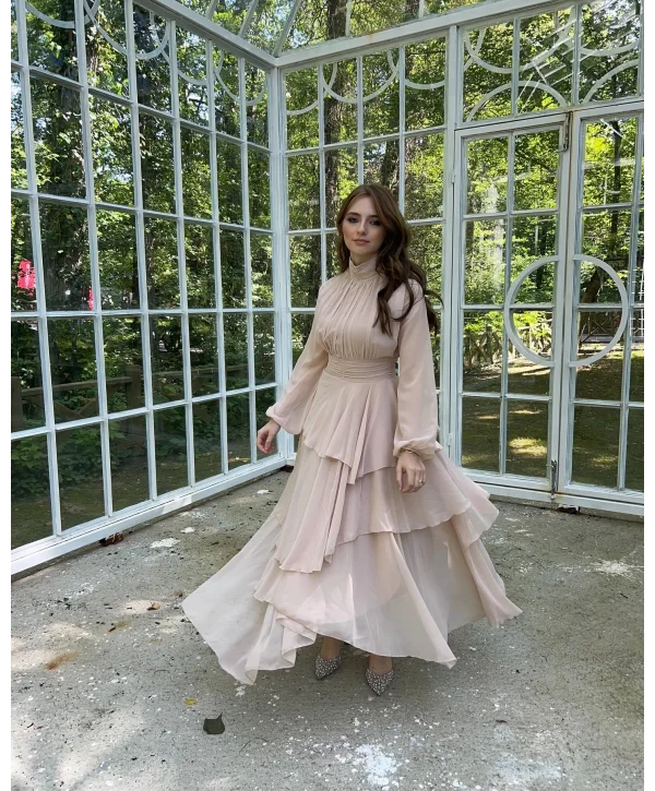 Kat Kat Şifon Bej Rengi Elbise